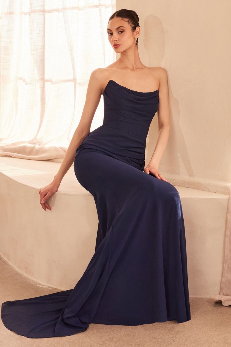 Strapless Bridesmaid Draped Chiffon Gown with Fitted Silhouette & Sweep Train CDT702