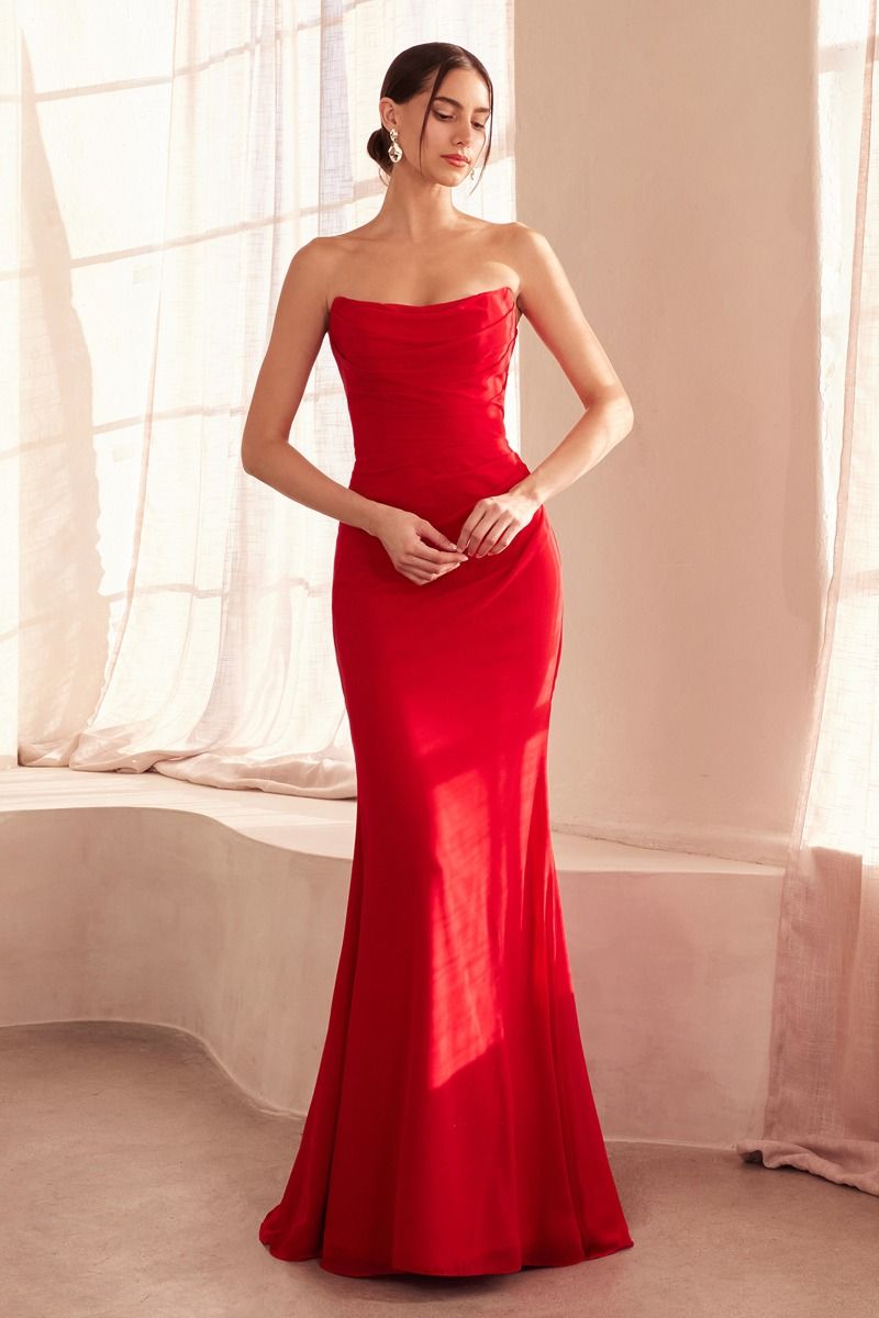 Strapless Bridesmaid Draped Chiffon Gown with Fitted Silhouette & Sweep Train CDT702